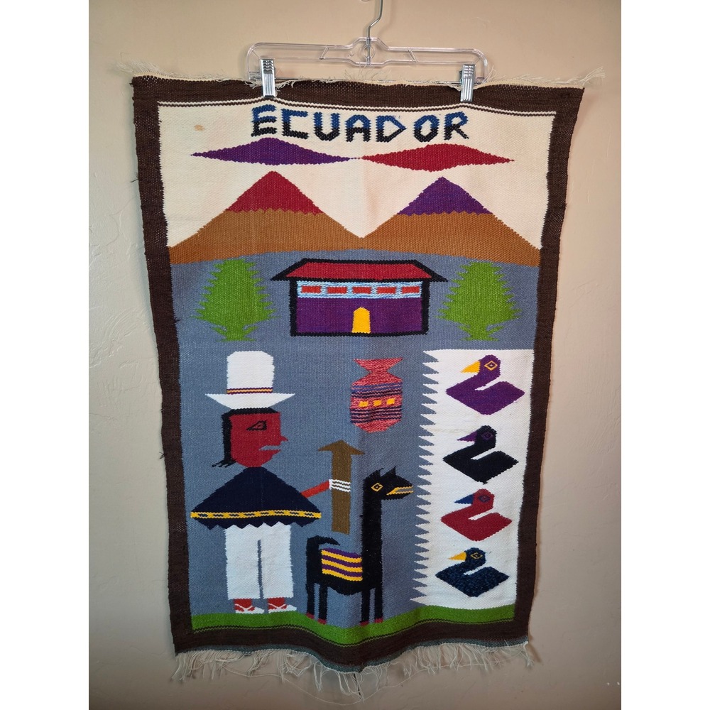 Vintage Handwoven Ecuador Wool Wall Hanging Folk Art Llama Mountain Textile - Picture 1 of 5